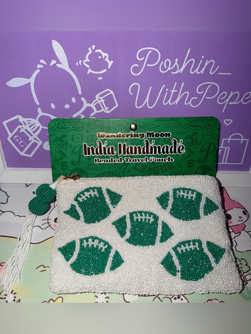 💚NWT India Handmade Beaded Football Travel Pouch - White & Green